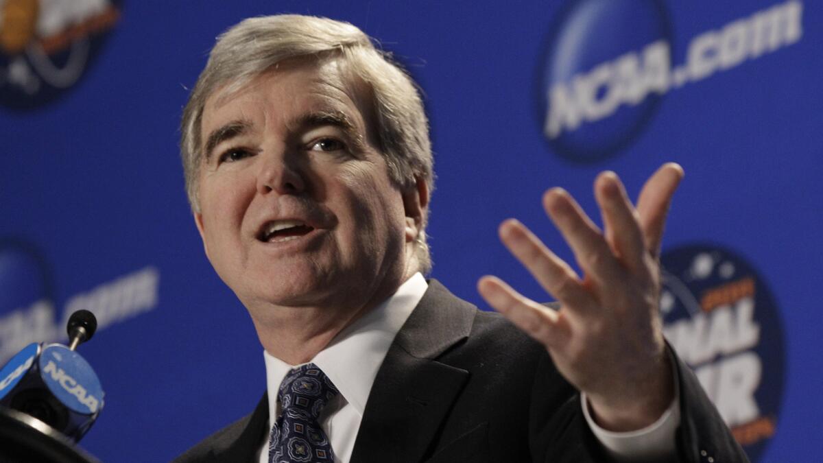 NCAA President Mark Emmert speaks during a news conference in March.