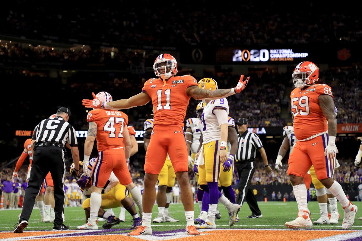 Clemson's Isaiah Simmons celebrates a defensive stop against LSU Tigers in the college football national title game in January.