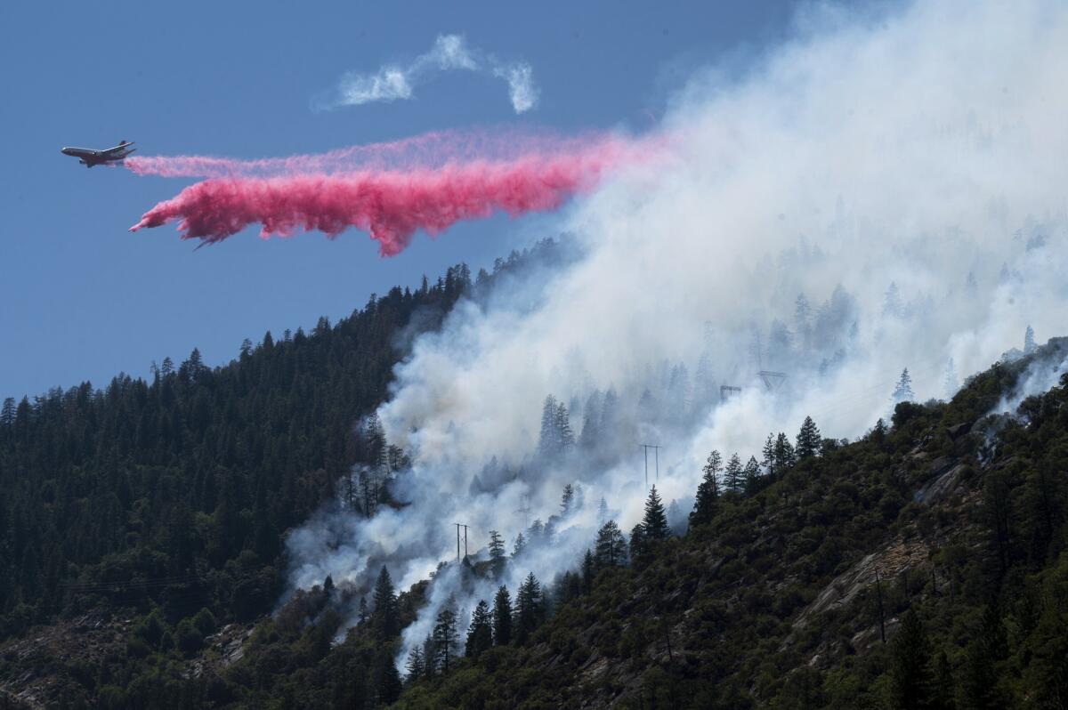 An air tanker drops pink fire retardant as white smoke rises above treetops. 