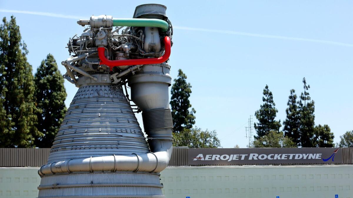 A model of an F-1 gas-generator cycle rocket engine used in the Saturn V rocket in the 1960s and early '70s is at the front of the Aerojet Rocketdyne facility in Canoga Park.