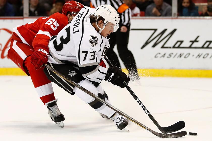Forward Tyler Toffoli, shown during a game earlier this season, is on the trip with the Kings.