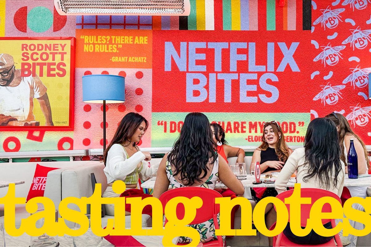Outdoor dining area at the Netflix Bites pop-up restaurant at the Short Stories in Beverly Grove. 