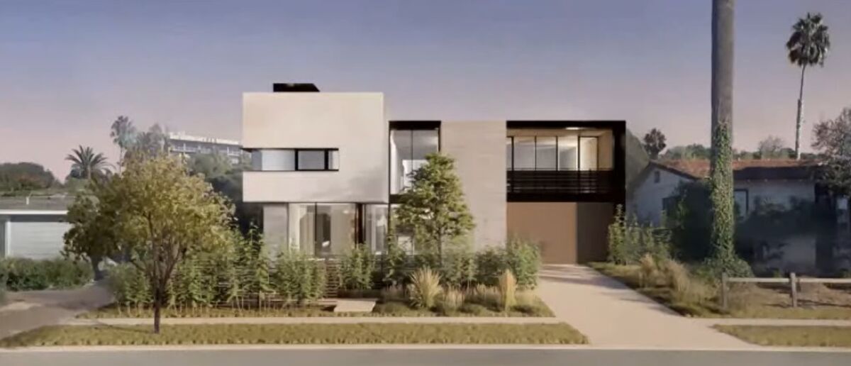 A rendering shows plans for 7951 Paseo del Ocaso, as presented to hearing officer Antoinette Gibbs.