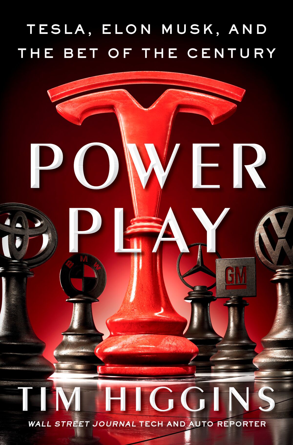 A red book cover with a giant red chess piece with the Tesla logo and smaller black chess pieces with other car logos.