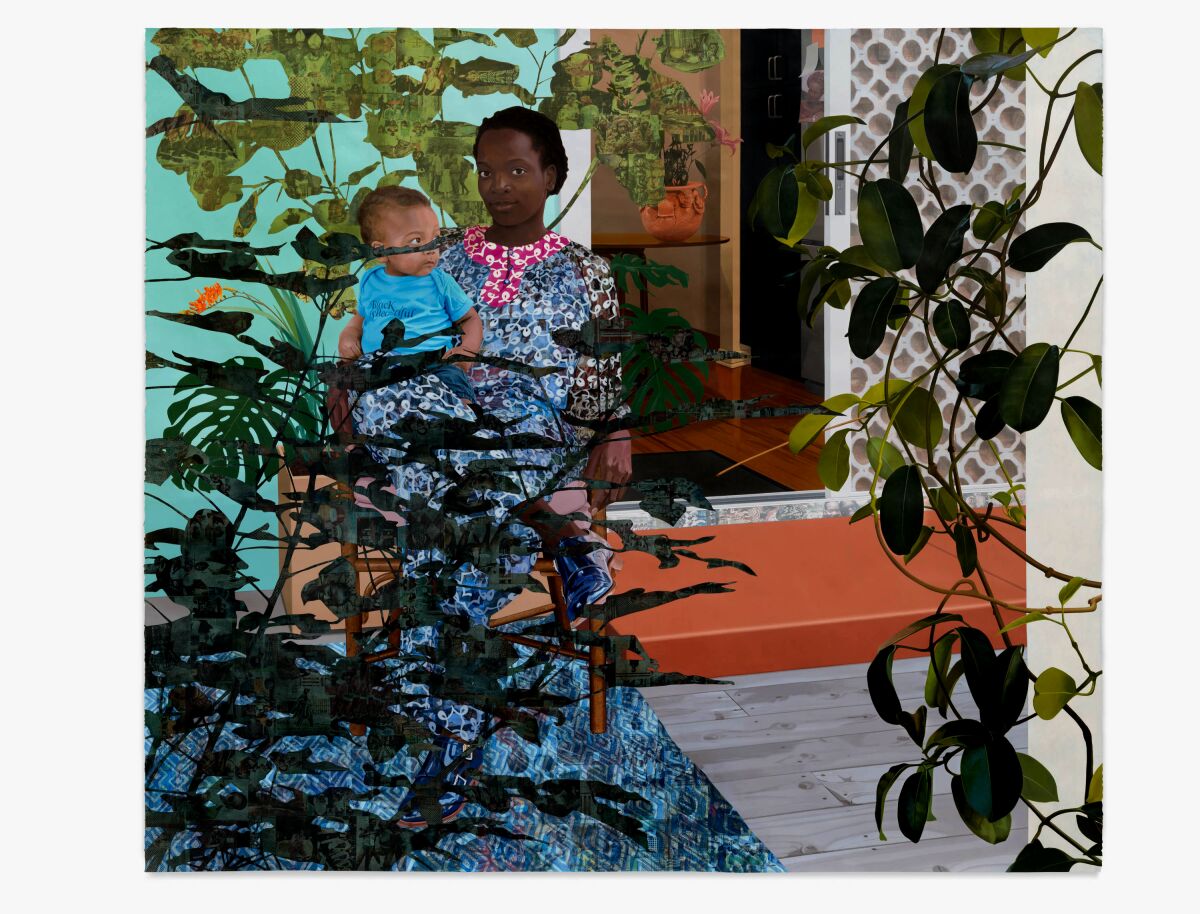 A painting of a mother holding her baby in their garden.