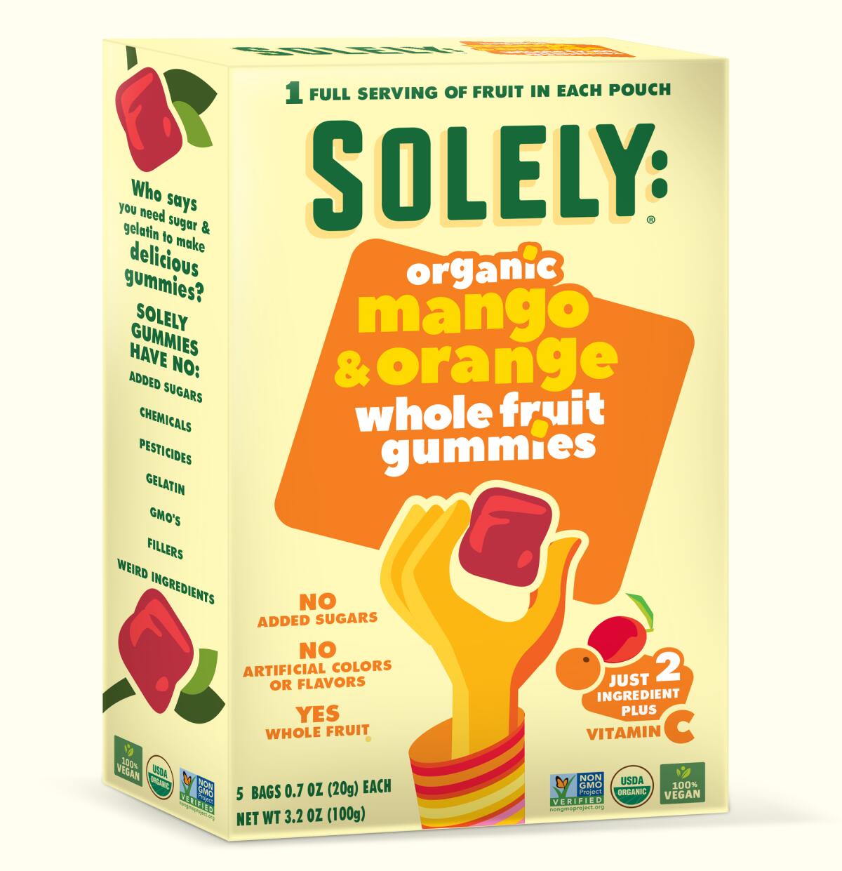 La Jolla-based Solely fruit gummies contain only whole fruit and vitamin C.