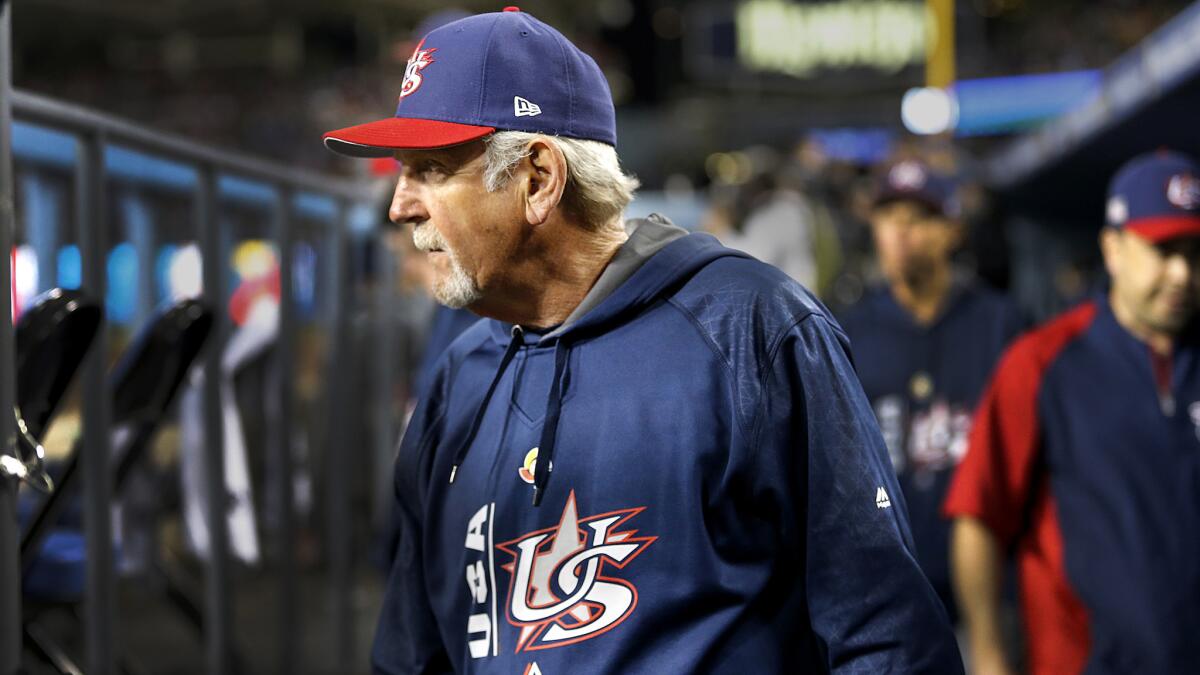 U.S. Manager Jim Leyland keeps an eye on the action during an 8-0 victory over Puerto Rico in the World Baseball Classic championship game at Dodger Stadium on Wednesday night.