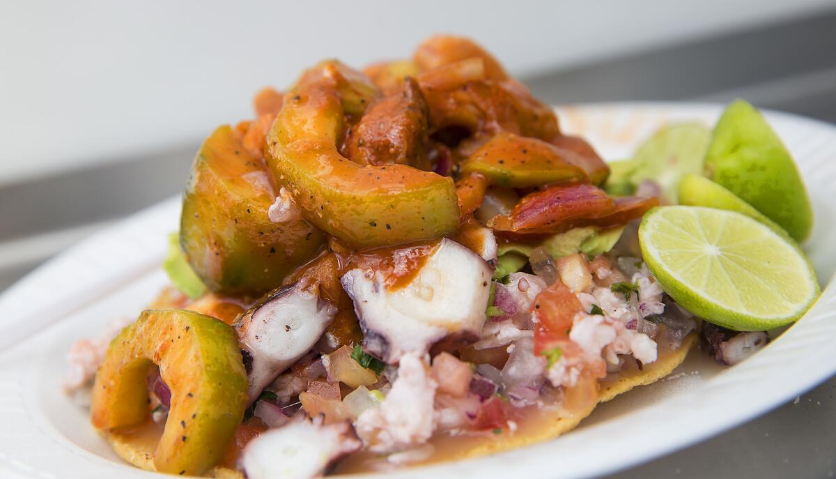 CULVER CITY, CALIF. -- WEDNESDAY, MARCH 30, 2016: Shrimp agua chile tostada at Guerrilla Tacos farewell in Culver City, Calif., on March 30, 2016. (Brian van der Brug / Los Angeles Times)