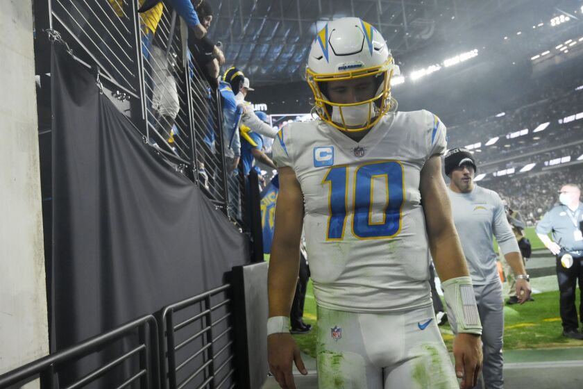 Los Angeles Chargers quarterback Justin Herbert (10) walks off the field after the Los Angeles Chargers.