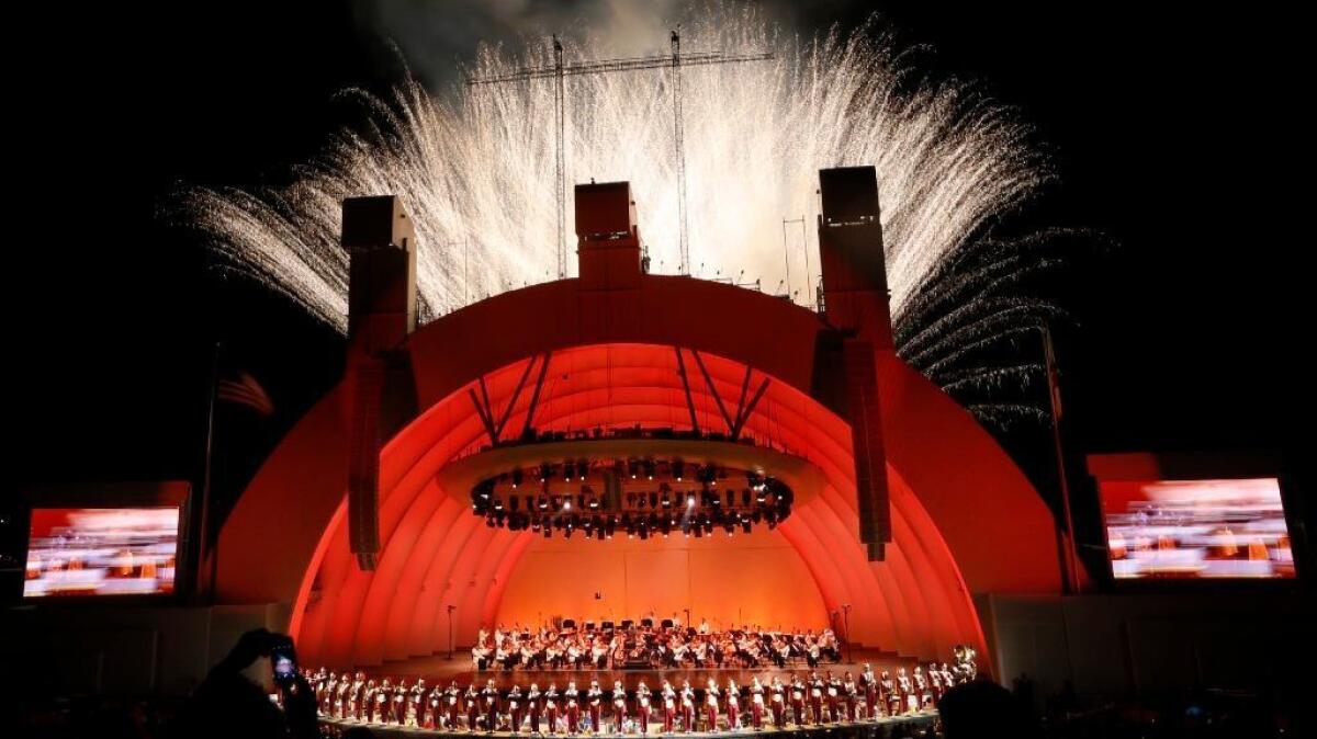 The Hollywood Bowl glows during its last program of the season last year, the annual Tchaikovsky Spectacular with fireworks.