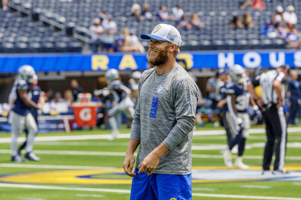  Rams wide receiver Cooper Kupp  on the SoFi Stadium field before a game.