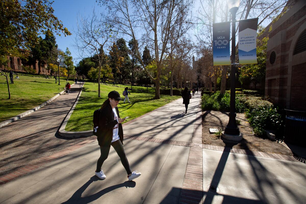 Feb. 2020 photo of students on the campus of UCLA. College recruitment has gone virtual for prospective students.