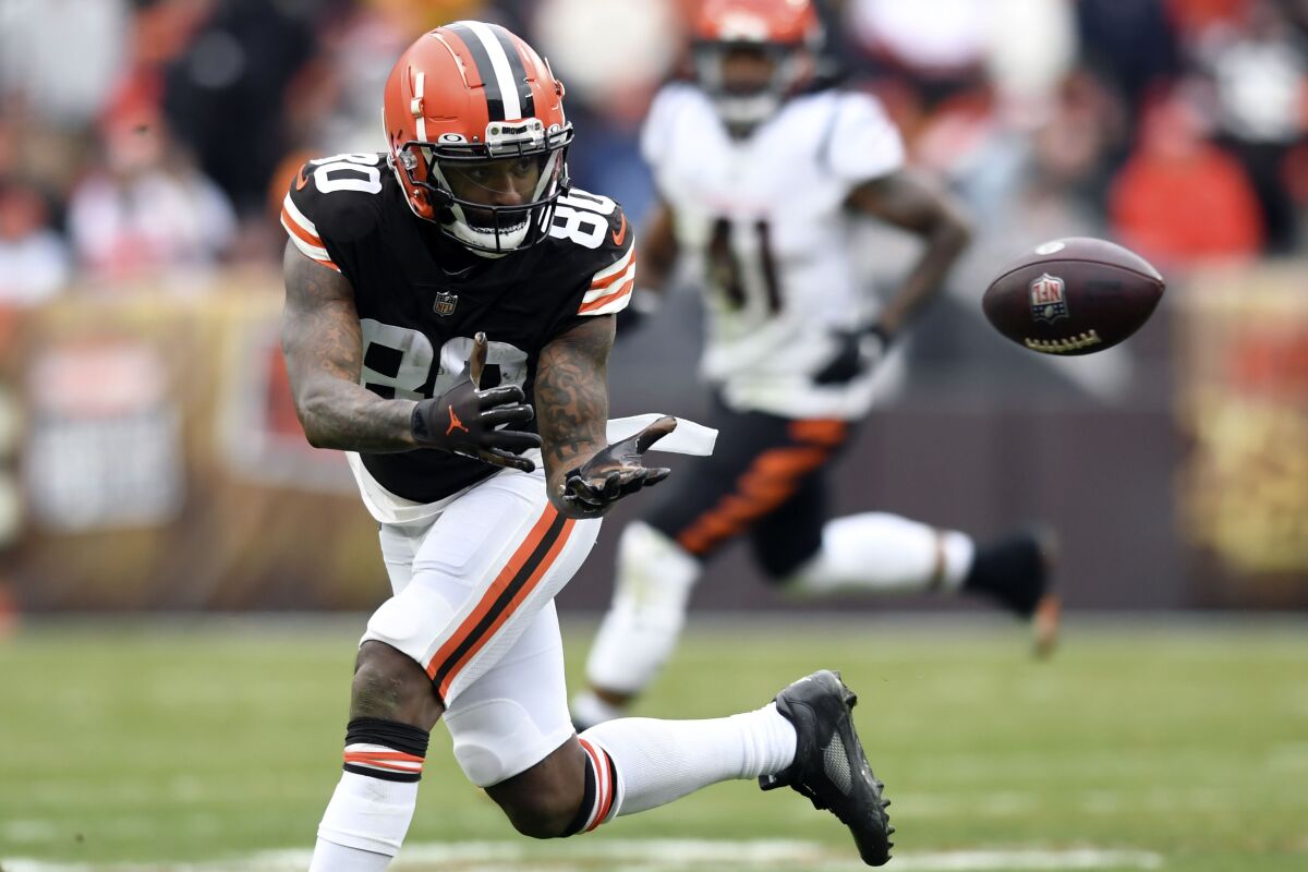 FILE - Cleveland Browns wide receiver Jarvis Landry (80) makes a catch during the first half of an NFL football game against the Cincinnati Bengals, Jan. 9, 2022, in Cleveland. Free agent Landry, a five-time Pro Bowler, is joining the New Orleans Saints. The eight-year veteran confirmed the move on Twitter on Friday, May 13, 2022. (AP Photo/Nick Cammett, File)