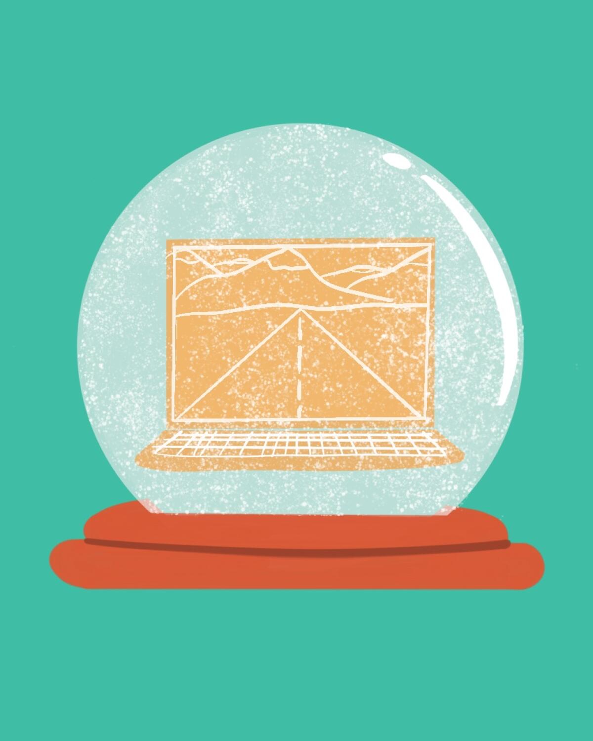 Laptop inside a snow globe