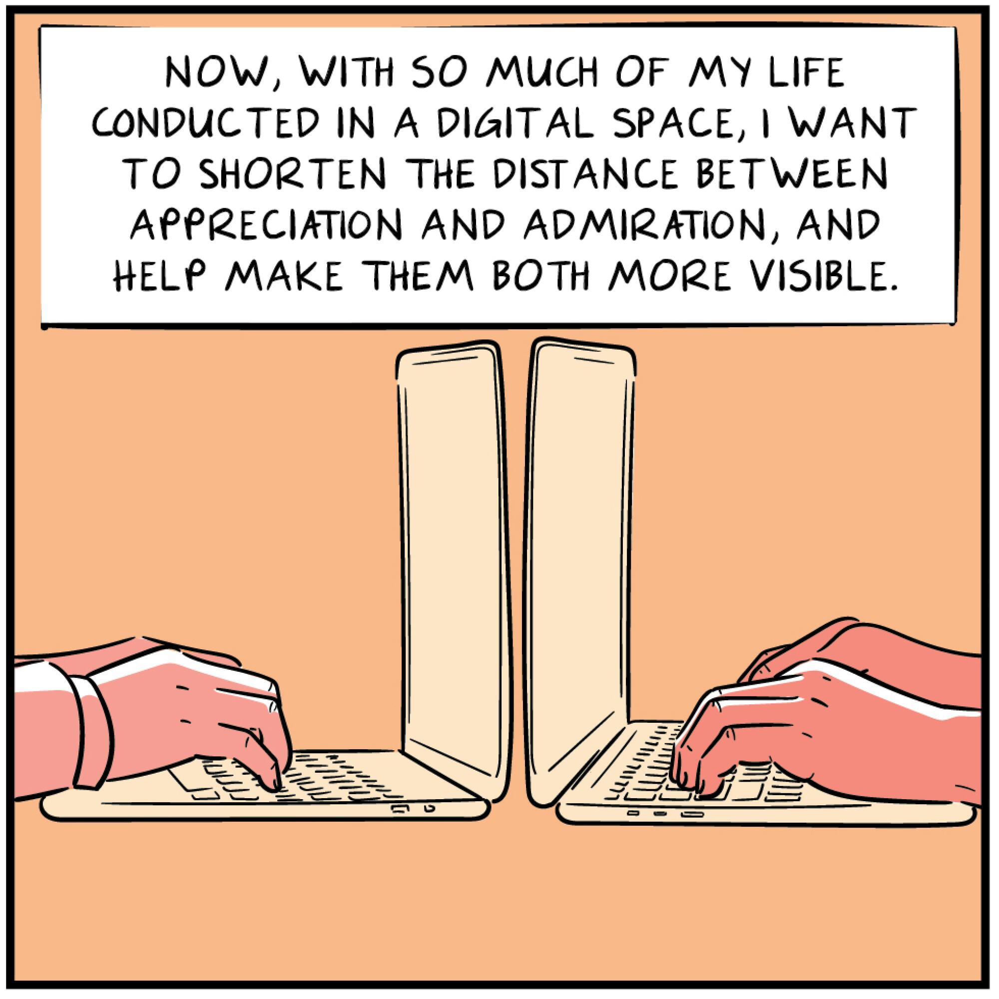 Comic panel showing two laptop facing each other with hands typing on each keyboard