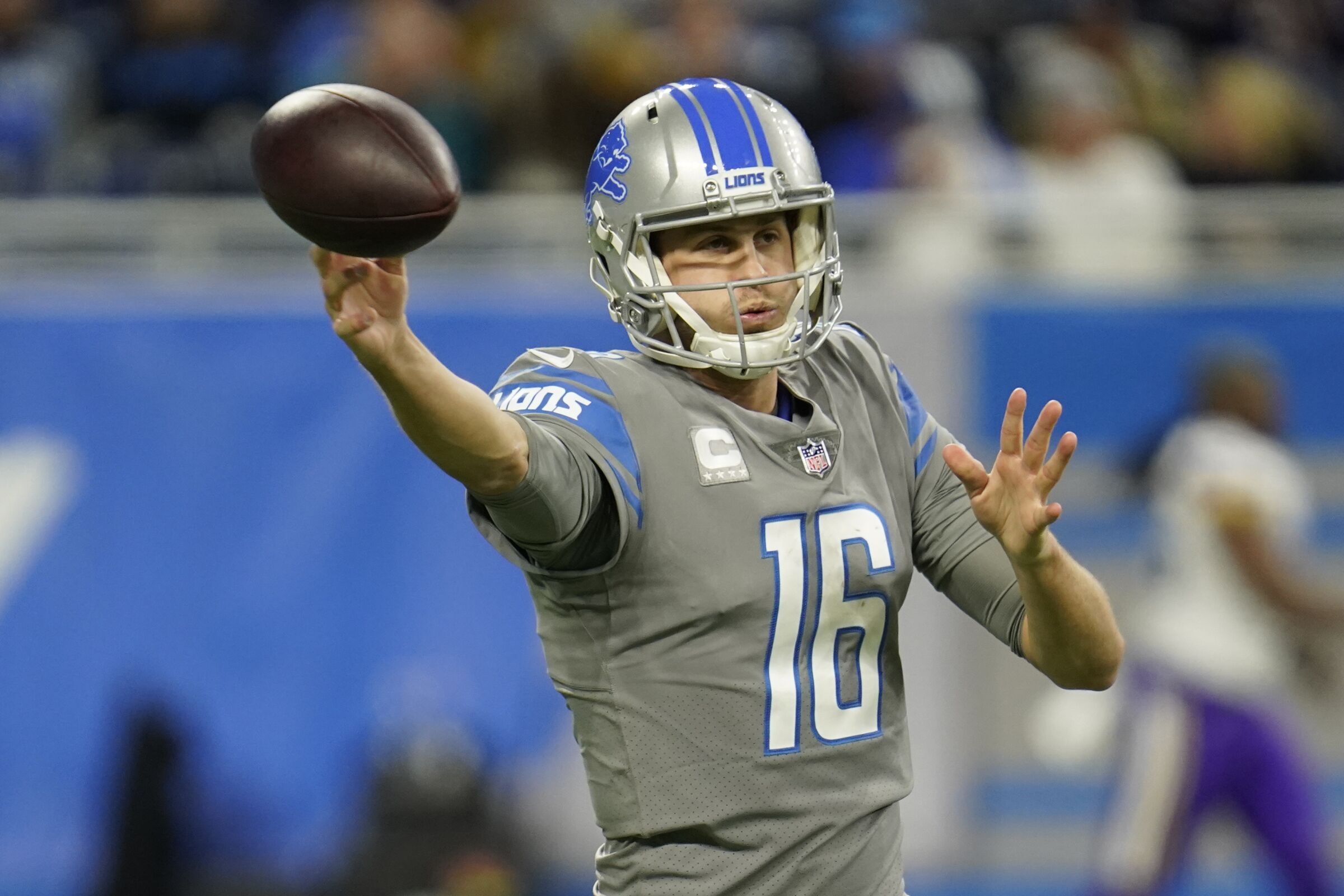 Detroit Lions quarterback Jared Goff throws during the second half of an NFL football game.