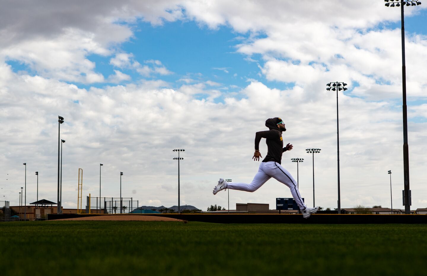 Padres shortstop and outfielder Fernando Tatis Jr. (23) runs the bases during a spring training practice at the Peoria Sports Complex on Tuesday, Feb. 21, 2023 in Peoria, AZ.