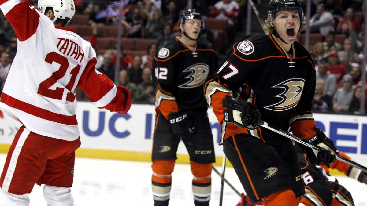 Ducks defenseman Hampus Lindholm reacts after Red Wings left wing Tomas Tatar scores in the first period Sunday.