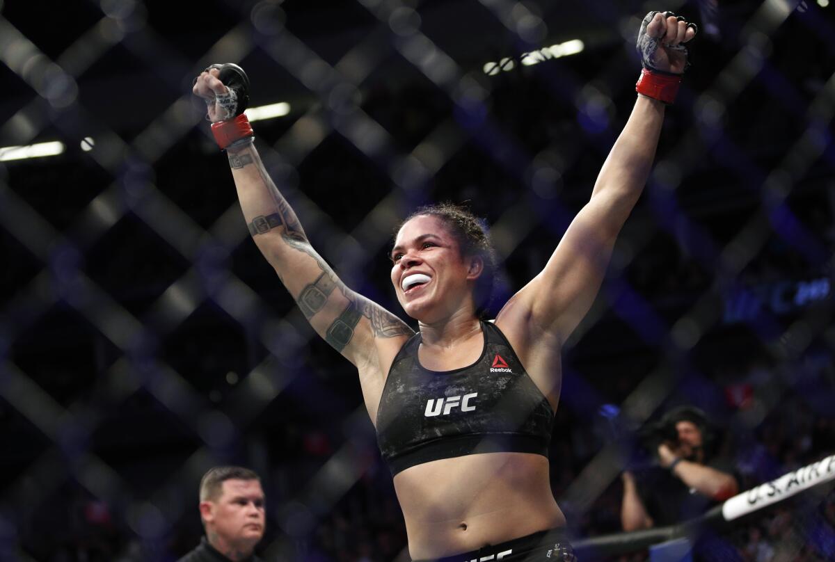 Amanda Nunes reacts after defeating Germaine de Randamie at UFC 245 on Dec. 14, 2019, in Las Vegas. 