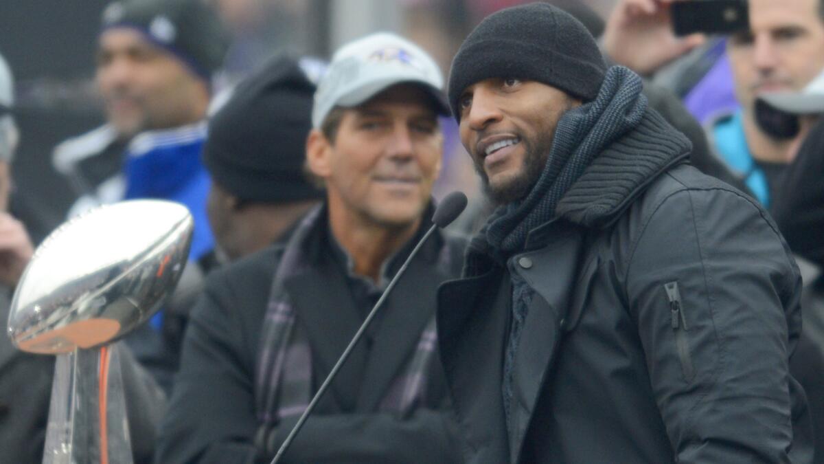 Ray Lewis speaks during the celebration of the Baltimore Ravens' Super Bowl win. Lewis will publish a memoir in October.