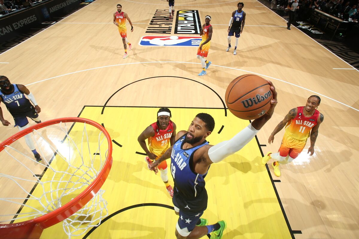 Clippers star Paul George of Team LeBron goes up for a dunk during the NBA All-Star Game on Sunday.