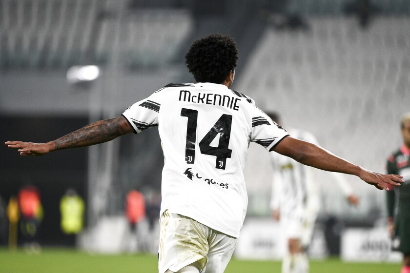 Juventus' Weston McKennie celebrates after scoring during the Serie A soccer match between Juventus and Crotone, at the Allianz Stadium in Turin, Italy, Monday, Feb. 22, 2021. (Marco Alpozzi/LaPresse via AP)