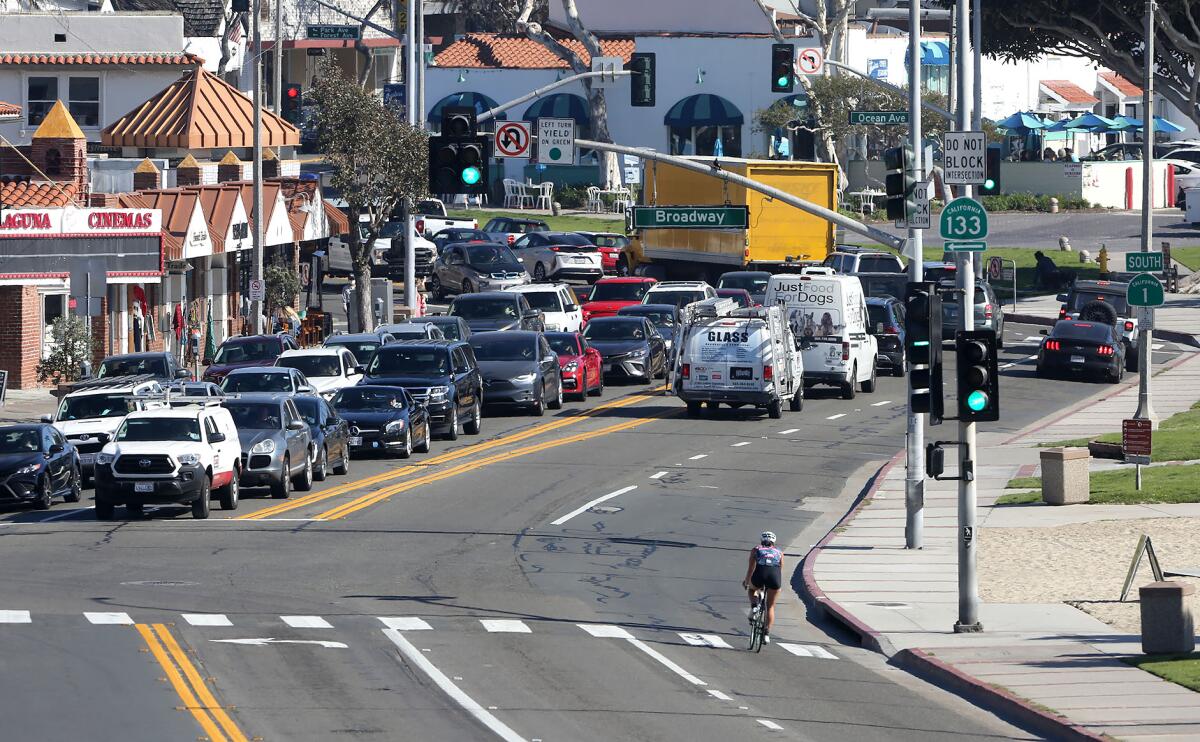 The intersection of South Coast Highway and Broadway, where a Caltrans construction project is scheduled to begin in April.