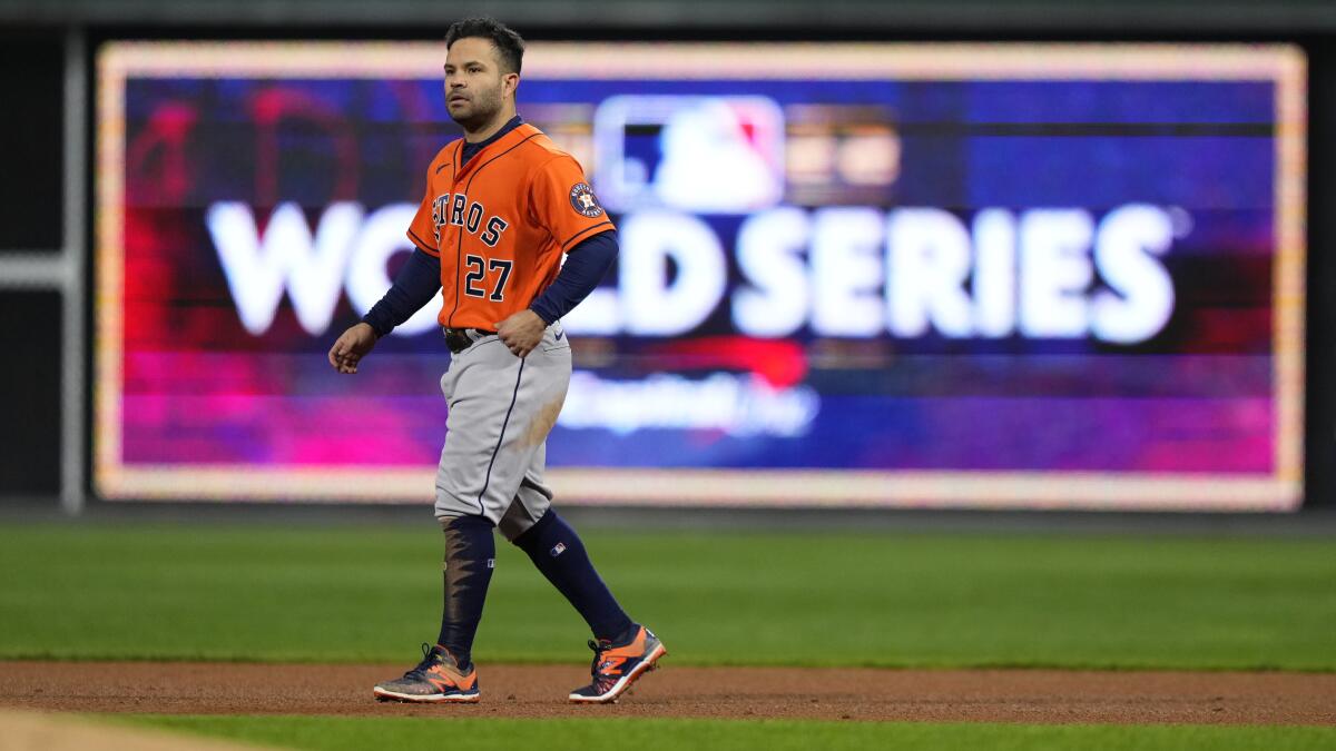 Houston's Jose Altuve walks on the field during the Astros' win in Game 5 of the World Series.