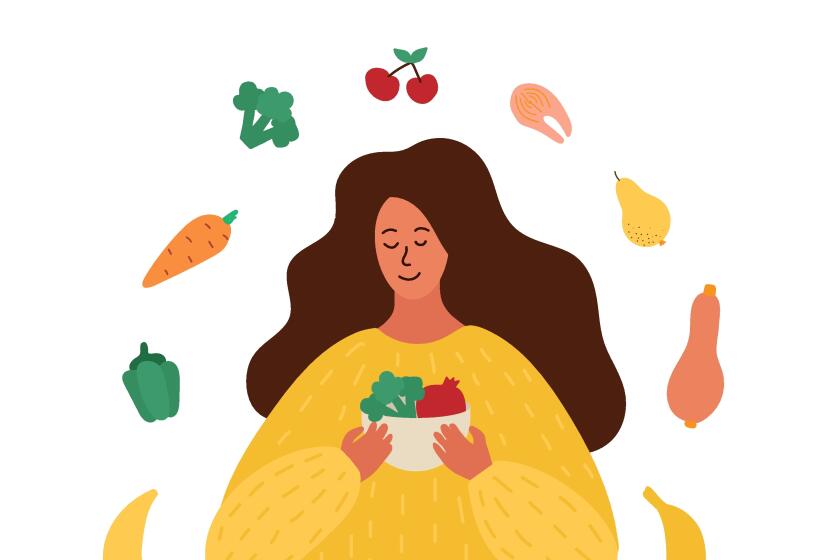 Illustration of a young woman holding a deep plate with vegetables in her hands. 