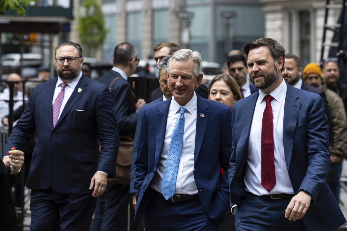 Sens. J.D. Vance, right, and Tommy Tuberville in New YorkCity in May