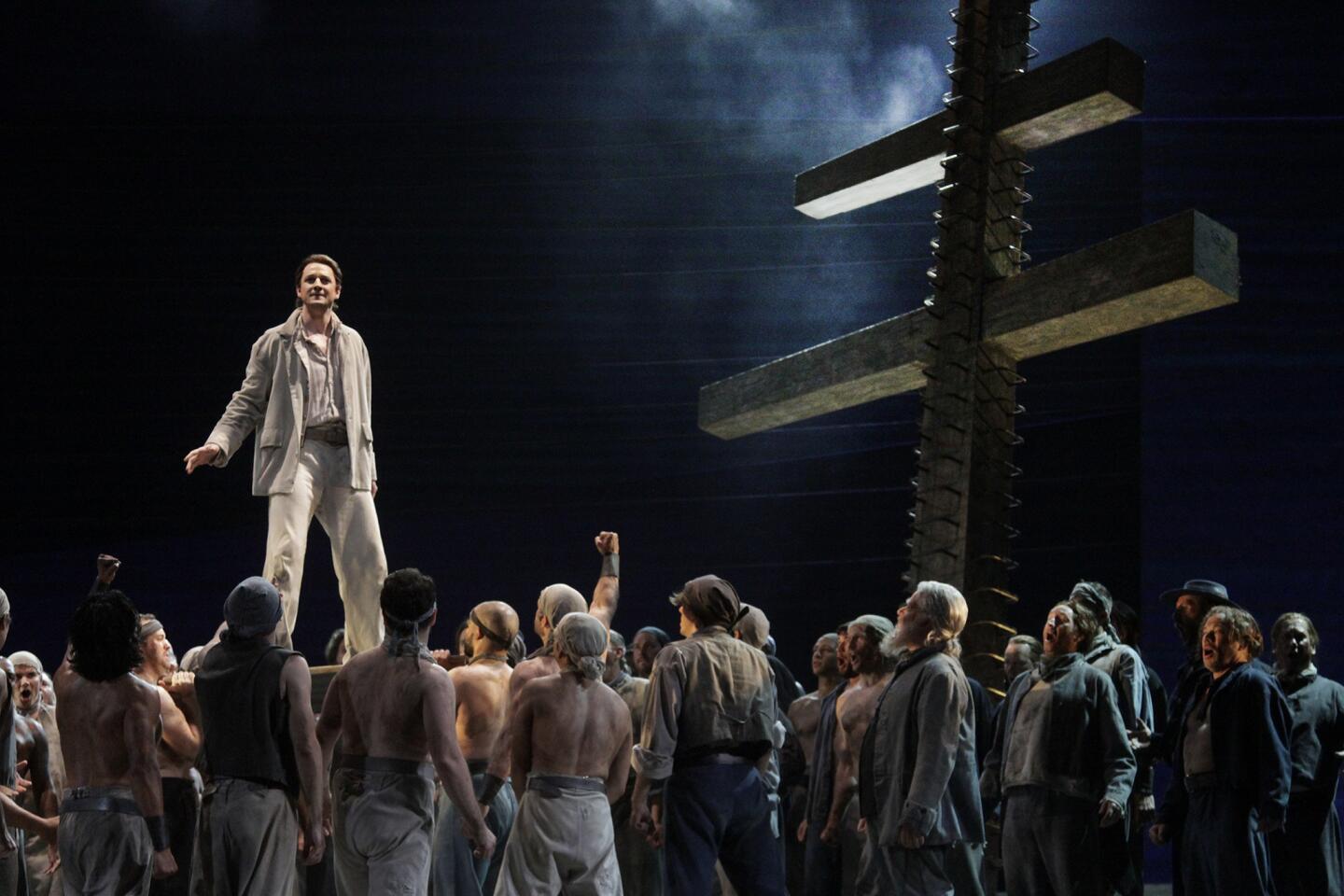 Liam Bonner as Billy Budd with the cast L.A. Opera's production "Billy Budd" at the Dorothy Chandler Pavilion in Los Angeles.