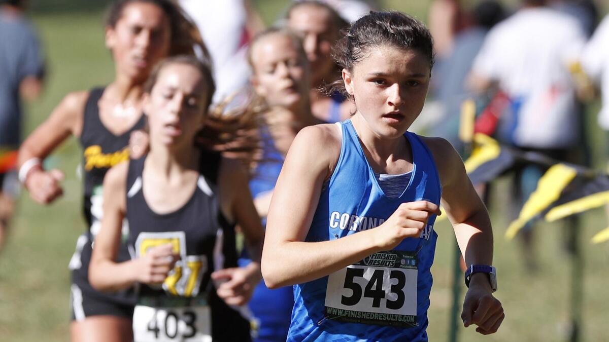 Corona del Mar freshman Annabelle Boudreau (543) runs in the Orange County Championships on Oct. 14, 2017.