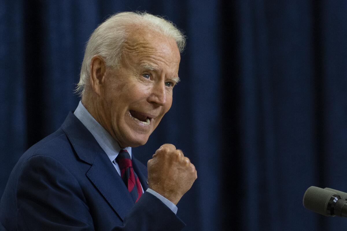 Democratic presidential nominee Joe Biden speaks on Friday in Wilmington, Del.