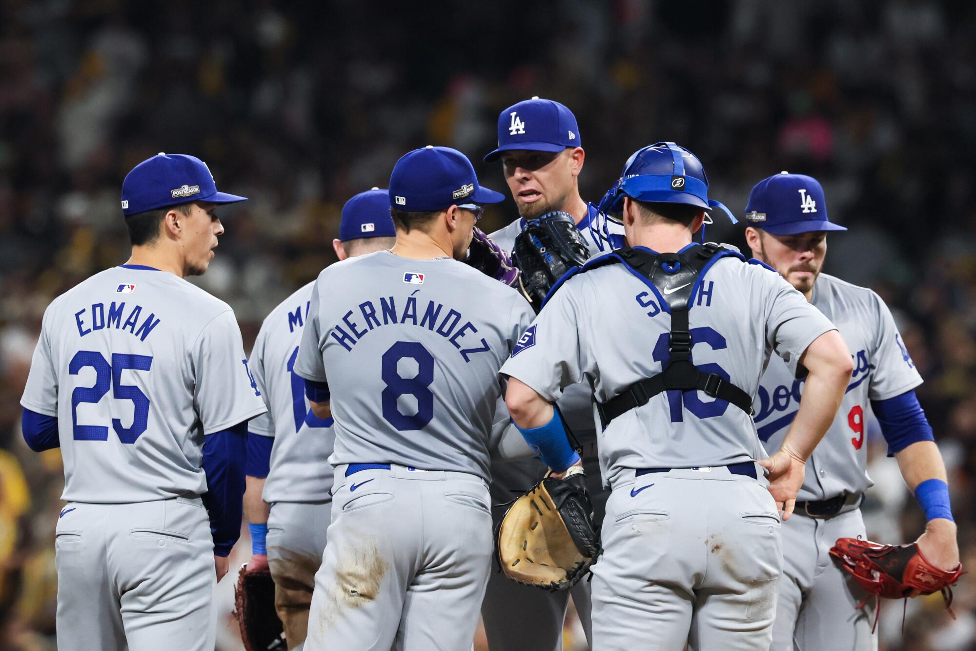Plaschke: Dodger up! Determined Dodgers dump Padres and return to Dodger Stadium for Recreation 5 2 Dodgers reliever Blake Treinen's teammates visit him on the mound during an 8-0 win over the Padres at Petco Park.