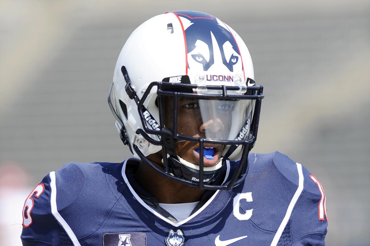 Connecticut cornerback Byron Jones wamrs up before a game against Stony Brook on Sept. 6.