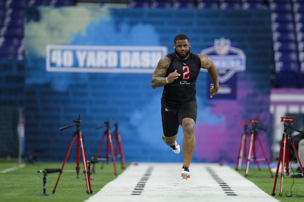 TCU defensive lineman Ross Blacklock runs the 40-yard dash at the NFL scouting combine in February.