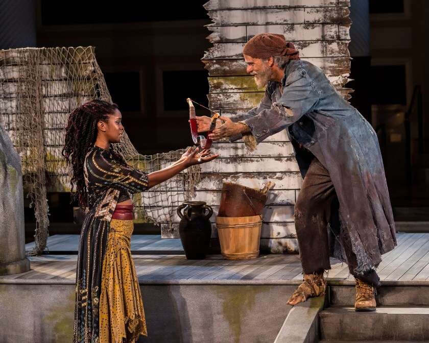 Kacie Rogers (Niaptoloma), left, and Eric Hissom (Philoctetes) in the Getty Villa’s “The Heal,” inspired by Sophocles.