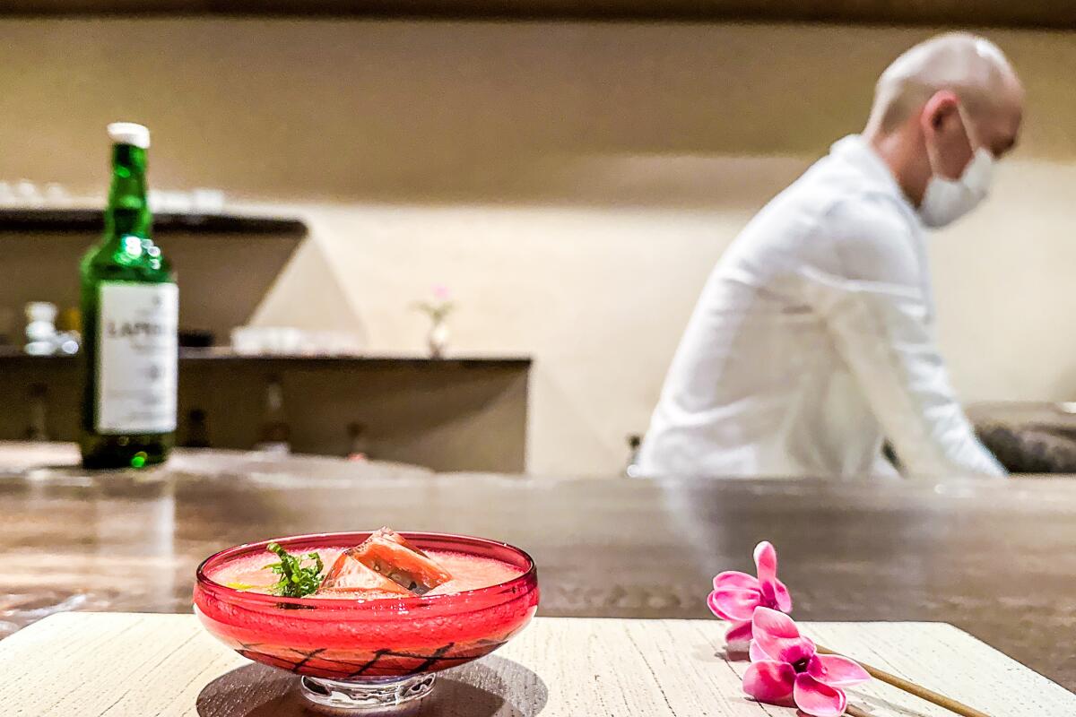 A cocktail of pureed momotaro, Scotch and shiso at Gen Yamamoto in Tokyo.