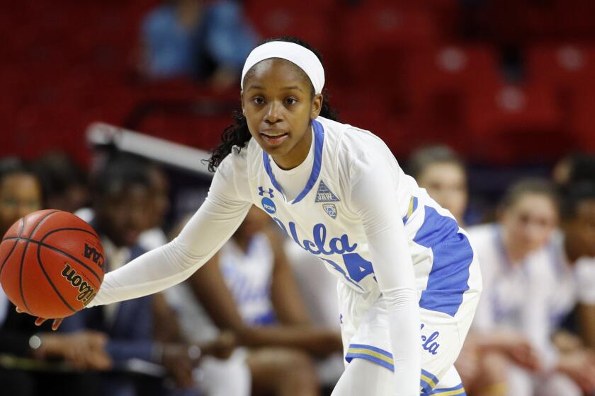UCLA guard Japreece Dean drives the ball in the first half of first-round game against Tennessee in the NCAA women's college basketball tournament, Saturday, March 23, 2019, in College Park, Md. (AP Photo/Patrick Semansky)