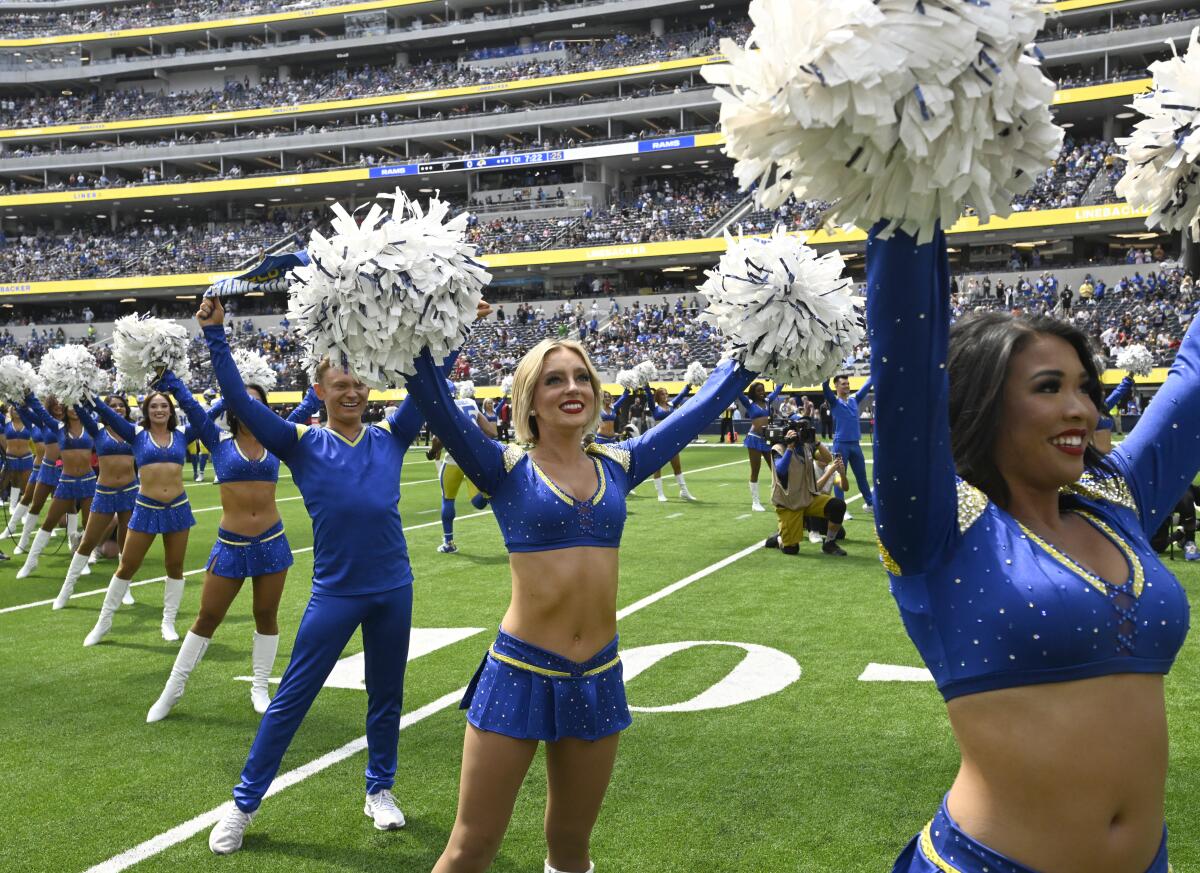 Los Angeles Rams cheerleaders perform before a game between the Atlanta Falcons and the Los Angeles Rams at SoFi Stadium.