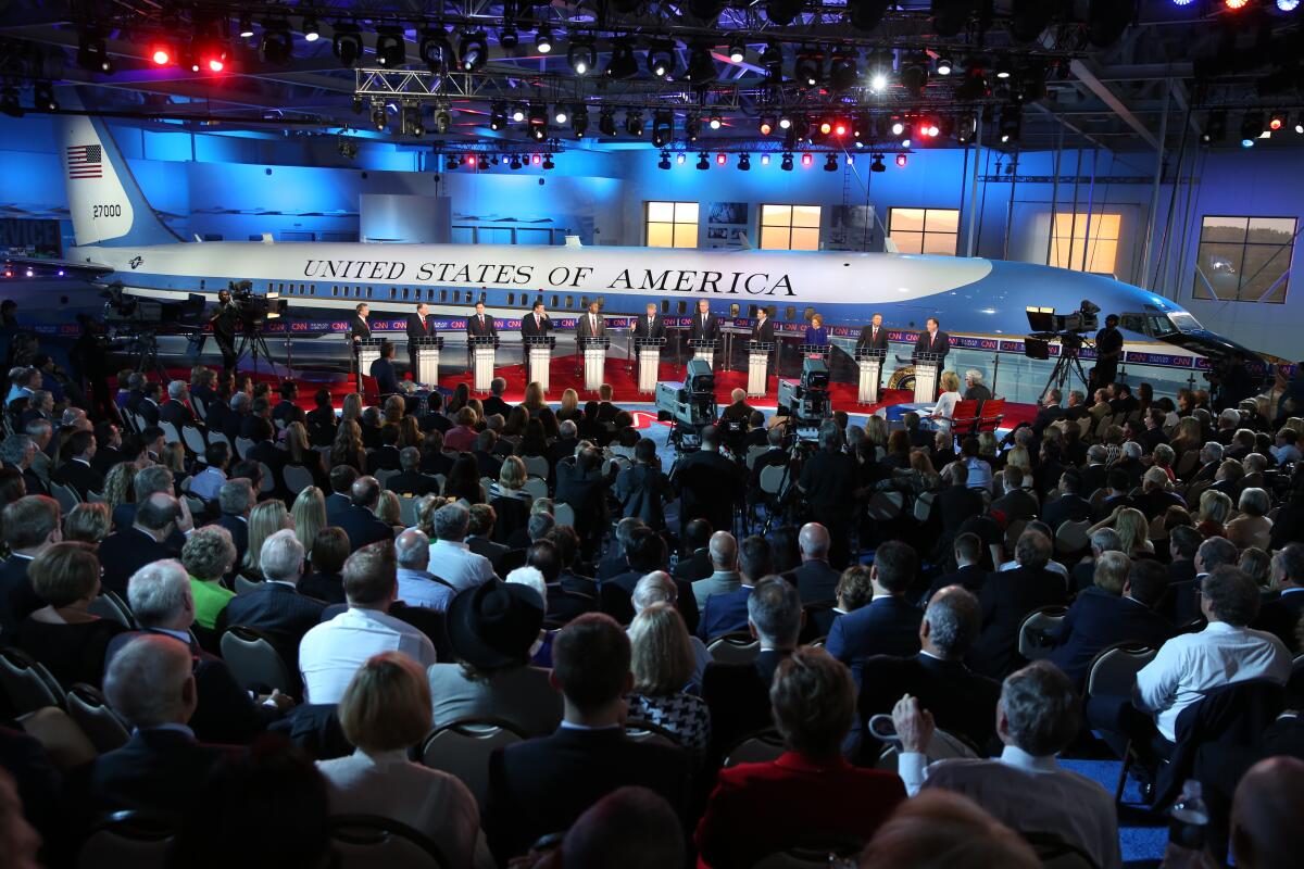 Candidates debate in the Air Force One Pavilion at the Reagan Library.