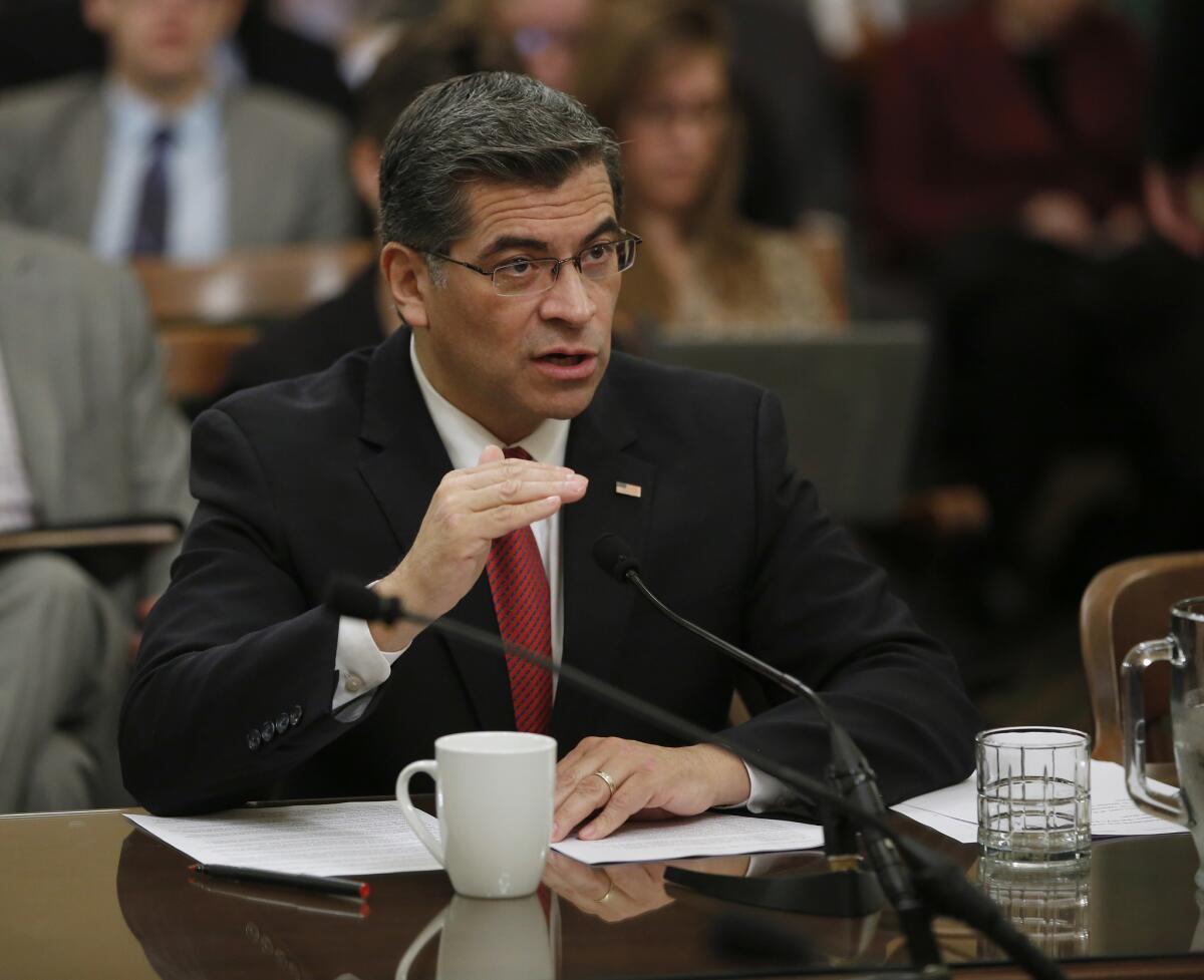 Xavier Becerra is shown at his first confirmation hearing for California attorney general on Jan. 10.