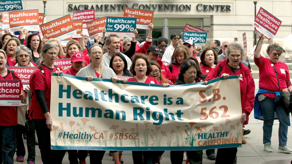 Supporters of single-payer healthcare march to the California state Capitol on April 26.