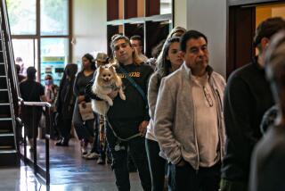 LOS ANGELES, CA - NOVEMBER 08: People wait in a long line to vote at the Anderson Munger Family YMCA vote center in Koreatown on Tuesday, Nov. 8, 2022 in Los Angeles, CA. (Jason Armond / Los Angeles Times)