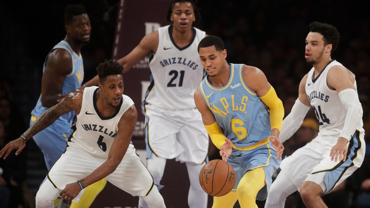 Lakers' Jordan Clarkson (6) is defended by Memphis' Mario Chalmers, left, and Dillon Brooks on Dec. 27 at Staples Center.