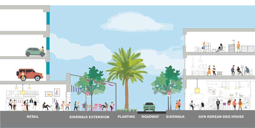 A rendering of a proposed redesign of the northern portion of downtown Glendale's Artsakh Avenue, intended to create a more pedestrian-friendly environment a stone's throw from Brand Boulevard.