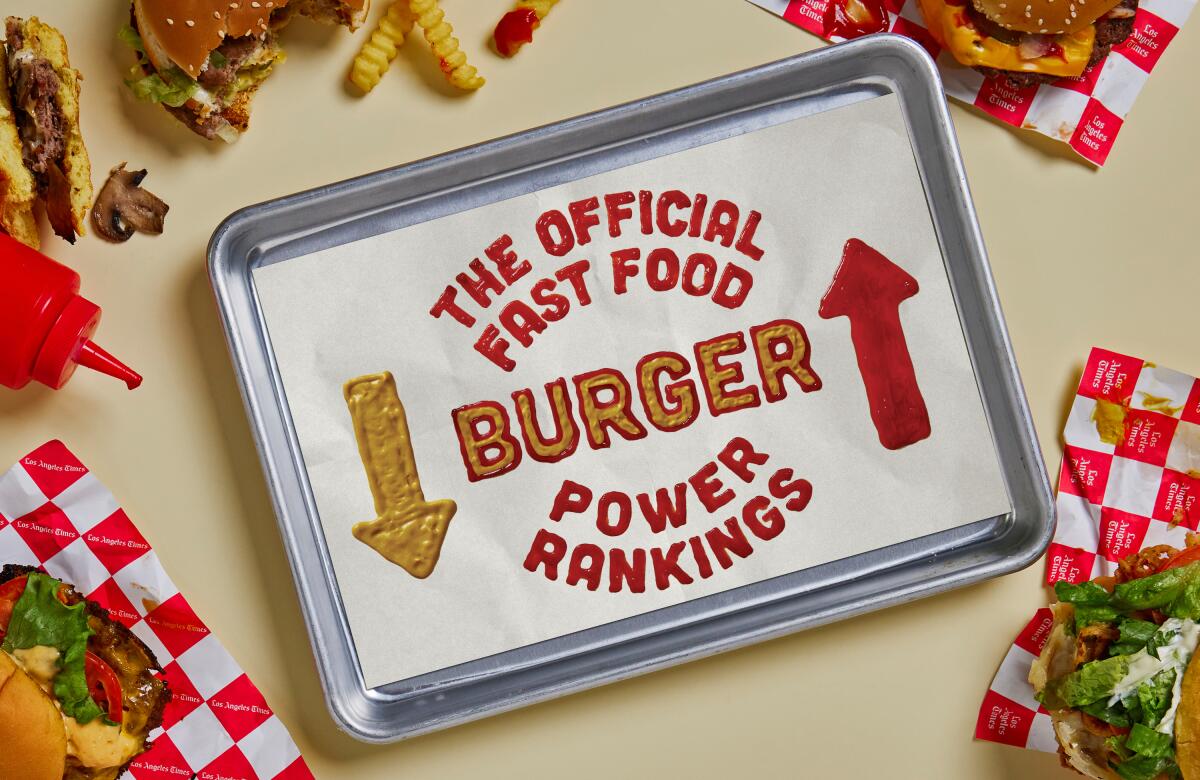 An illustration with the words "The Official Fast Food Burger Power Rankings" spelled in mustard and ketchup.