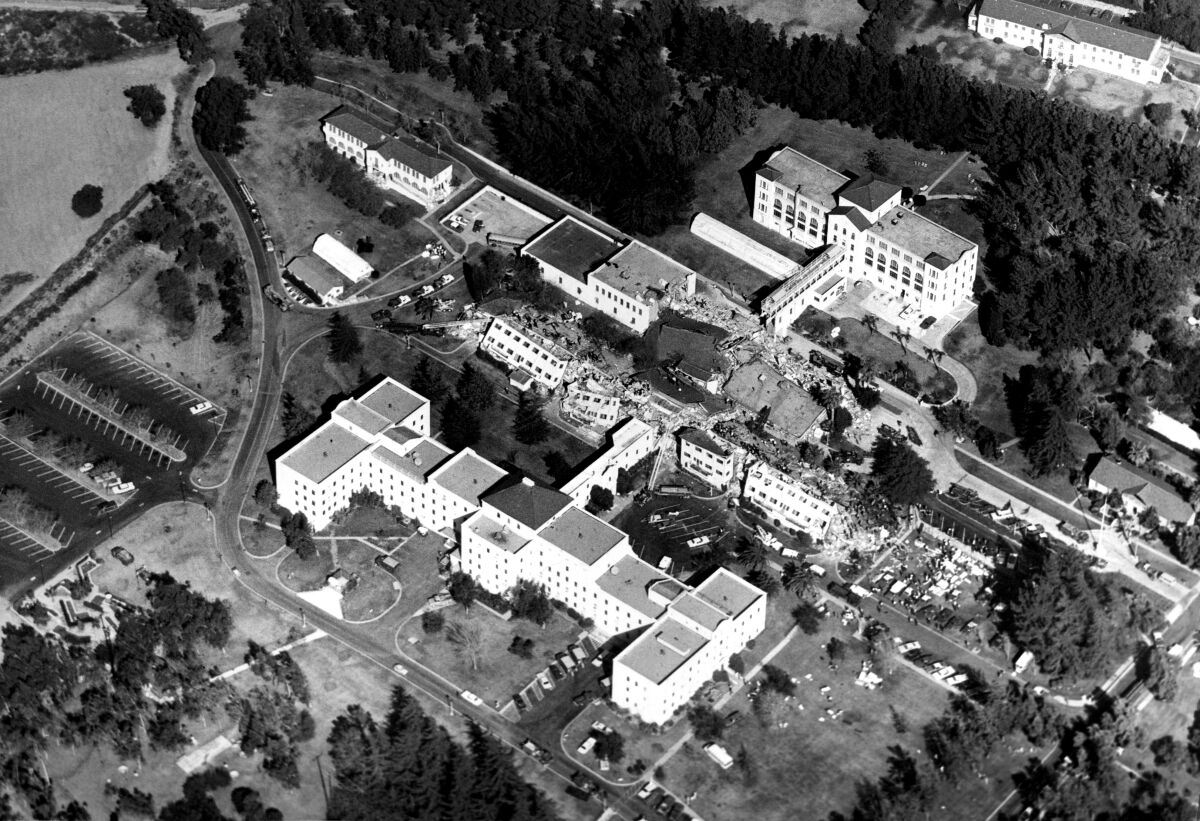 An aerial view of  San Fernando Veterans Hospital after earthquake devastation in 197.