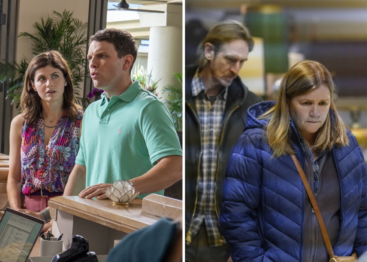 A woman looks on uncomfortably as her husband rages; a man looks down as his wife sees their daughter's plight.