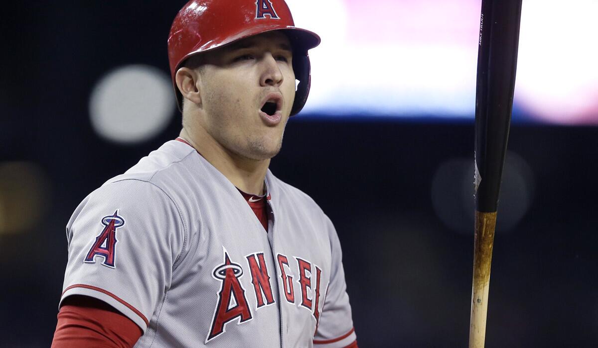 Angels' Mike Trout reacts after striking out during the seventh inning against the Detroit Tigers on Wednesday.